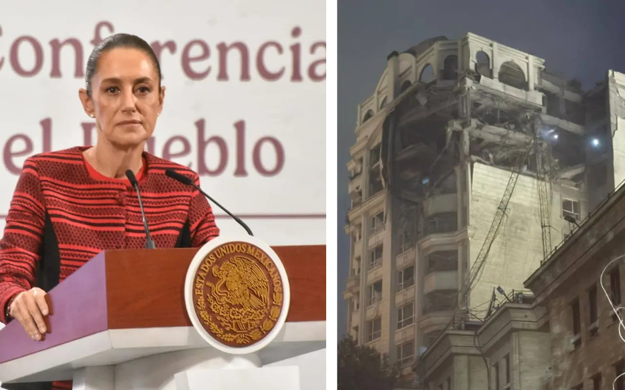 Claudia Sheinbaum y edificio en Teherán alcanzado por ataque de Israel. Foto: Enrique Pérez Huerta / X (@almuariza)
