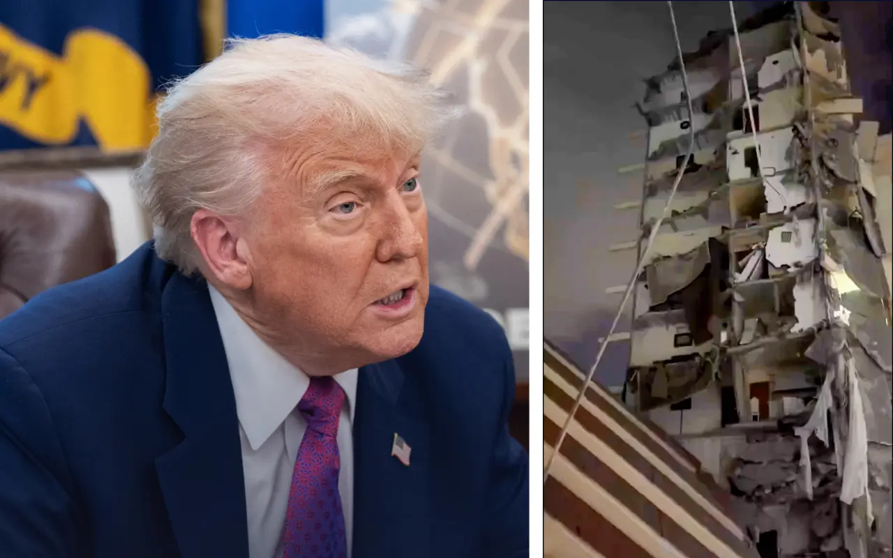 Donald Trump y edificio destruido de Irán tras bombardeo. Foto: X (@AssalRad) / (@WhiteHouse)