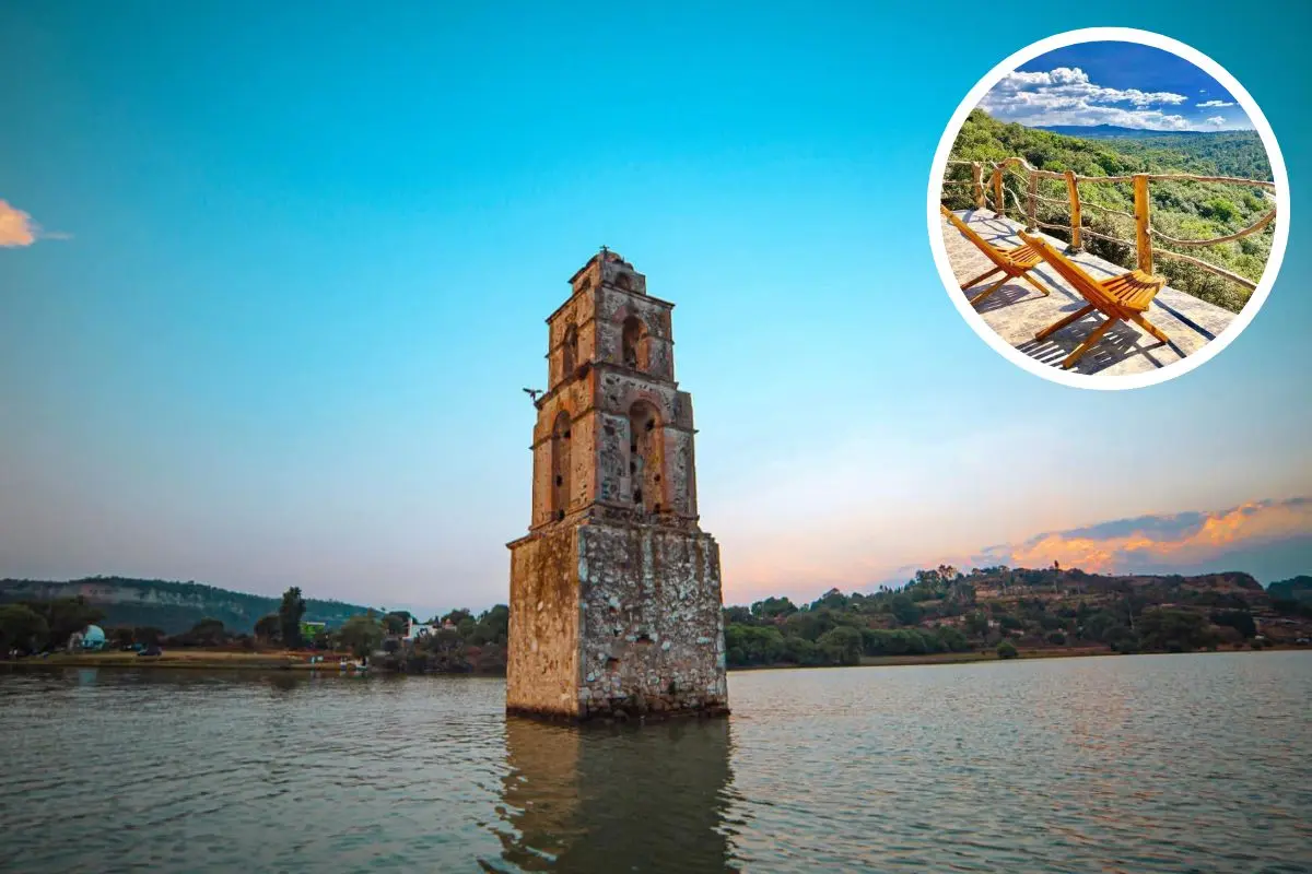Torre de la Parroquia de San Luis Rey de Francia bajo el agua de la Presa Taxhimany, en Villa del Carbón. Foto: Secretaría de Turismo de México | Canva