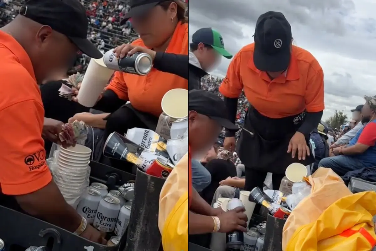 Vendedores de cerveza en el Autódromo Hermanos Rodríguez rebajando las cervezas con agua sucia. Foto: captura IG: (@elchamacodelosautos) | Canva
