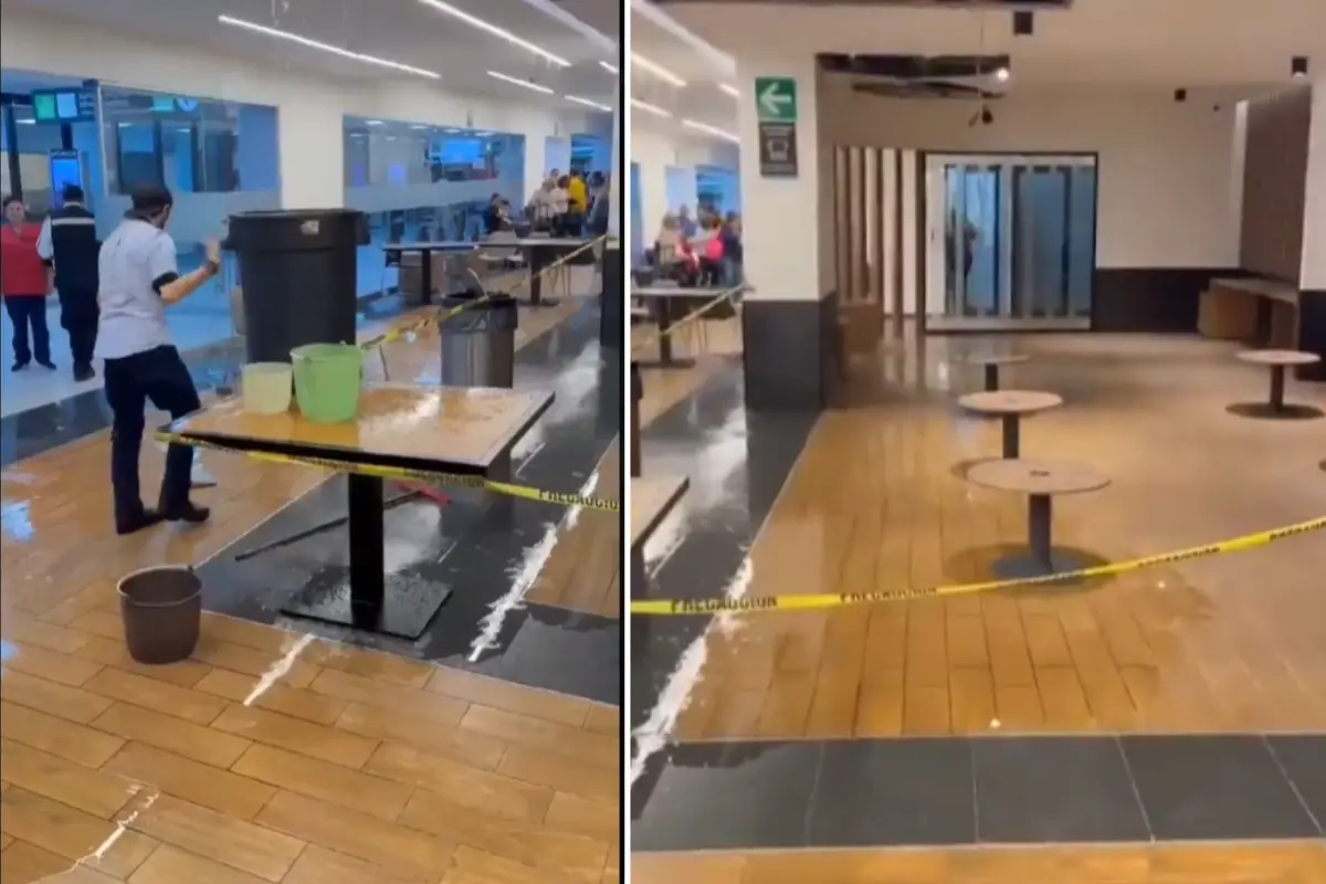 Inundación dentro de la terminal 2 del AICM. Foto: captura de pantalla @@josuealeexis | Canva