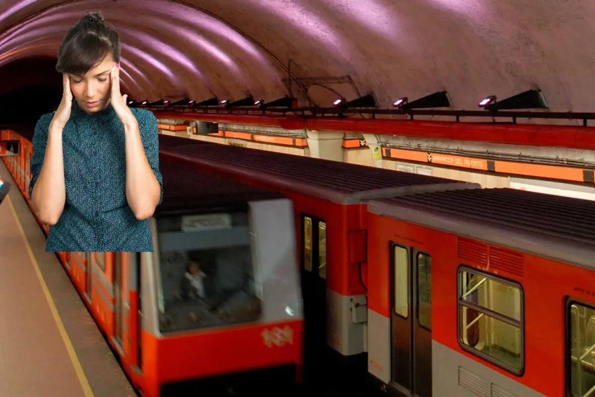 De fondo Metro CDMX, mujer desesperada por la marcha lenta de los trenes. Foto: Metro CDMX | Canva