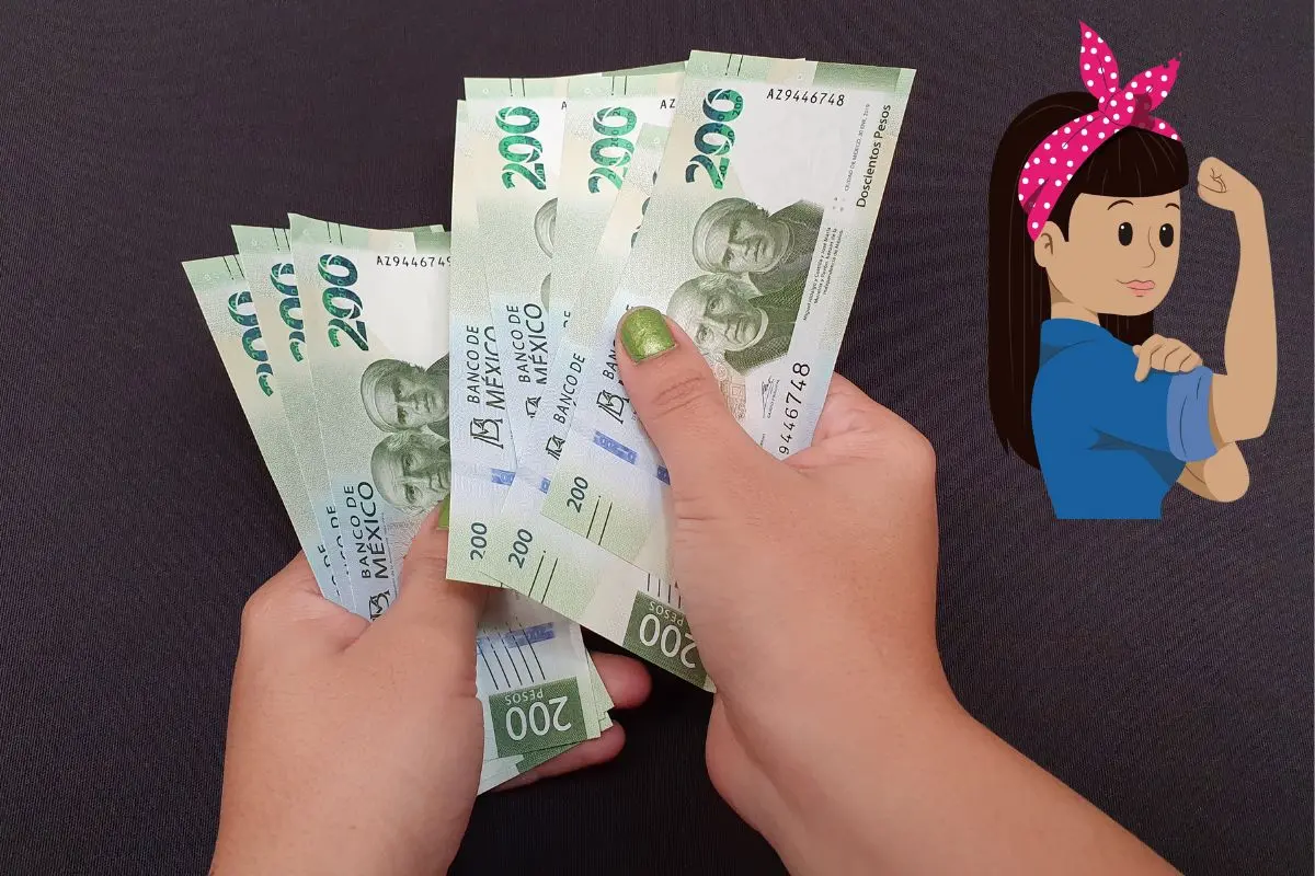 De fondo mujer con billetes, imagen del programa Para Las Jefas. Foto: X (@AlcaldiaMHmx) | Canva