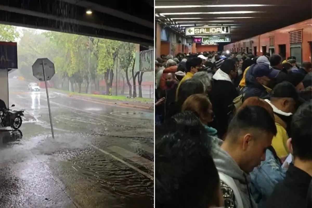 Lluvias en CDMX y marcha lenta en el Metro. Foto: Mario Flores y @PacoBodom | Canva