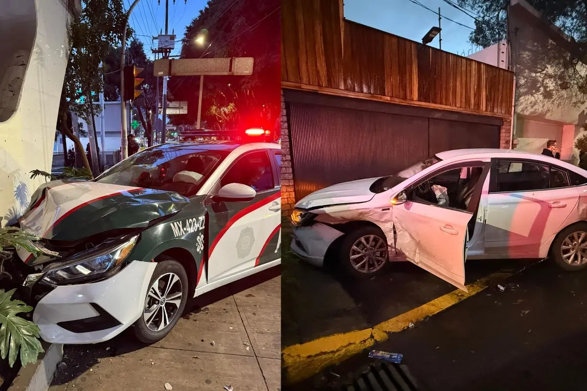 Patrulla y automóvil involucrados en accidente en calles de CDMX. Foto: Ramón Ramírez | Canva