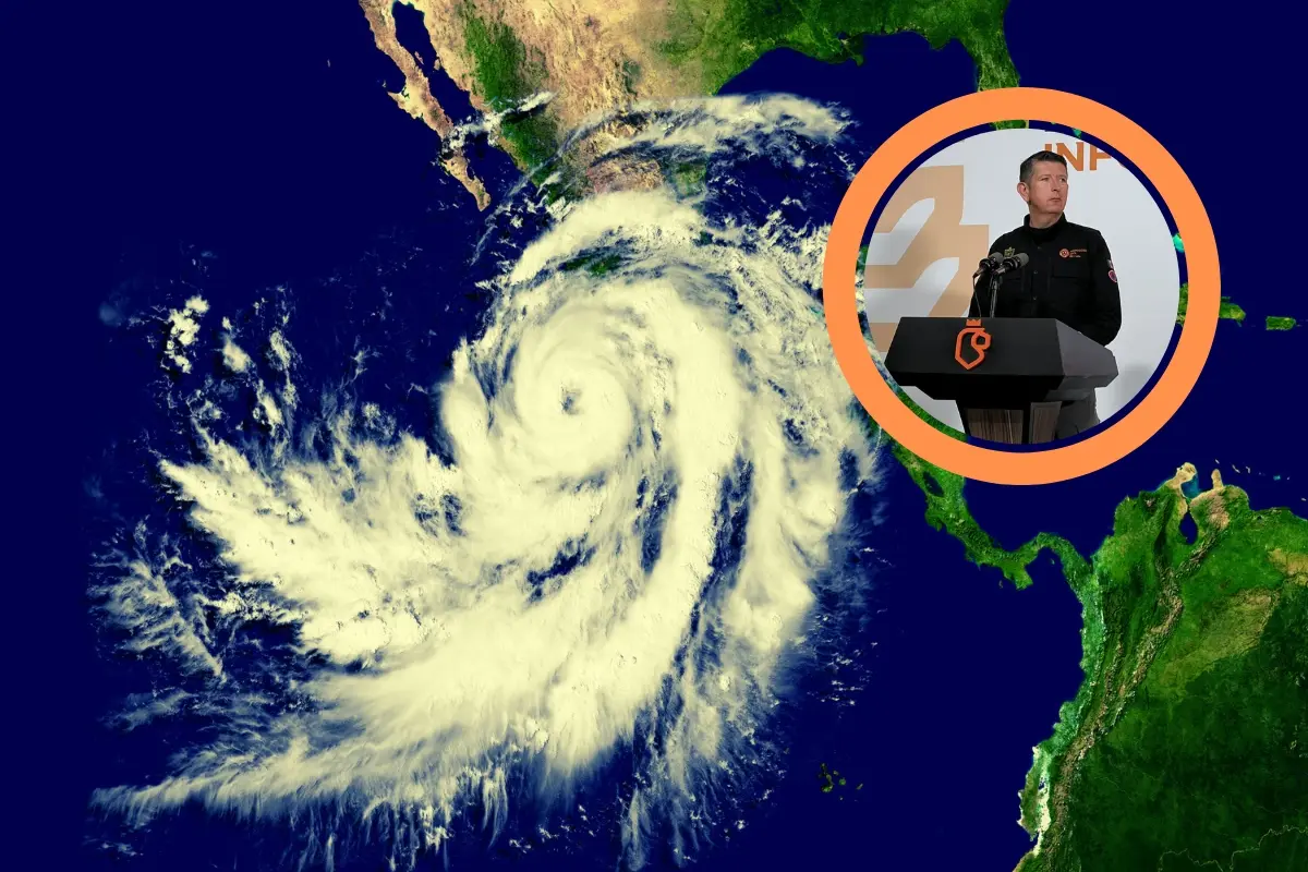 El director de Protección Civil de Nuevo León, Erick Cavazos e imagen ilustrativa de un huracán. Foto: Canva