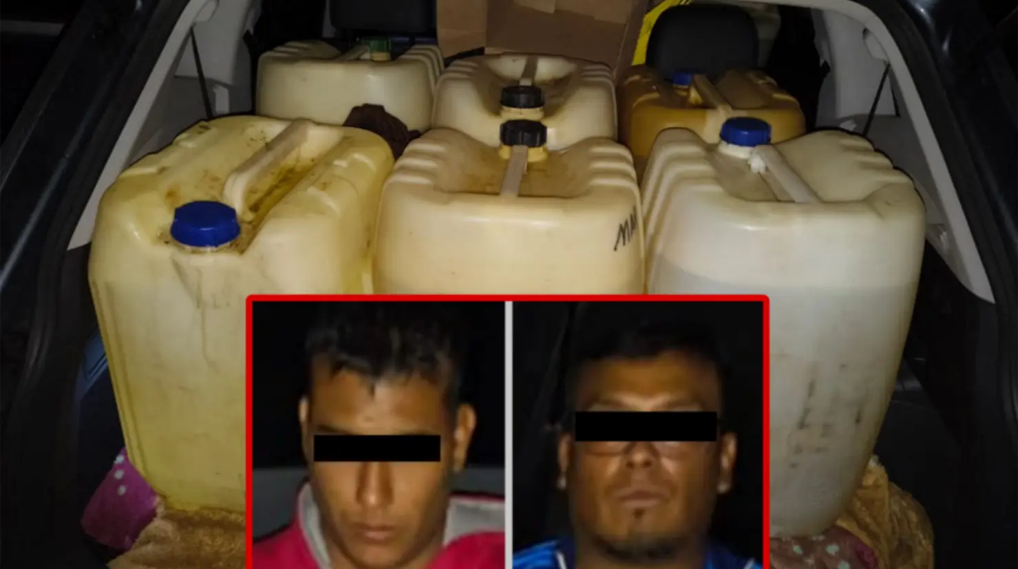 Daniel “N” y Moisés “N” fueron arrestados por transportar huachicol sin acreditar su legalidad. Imagen: SSEM