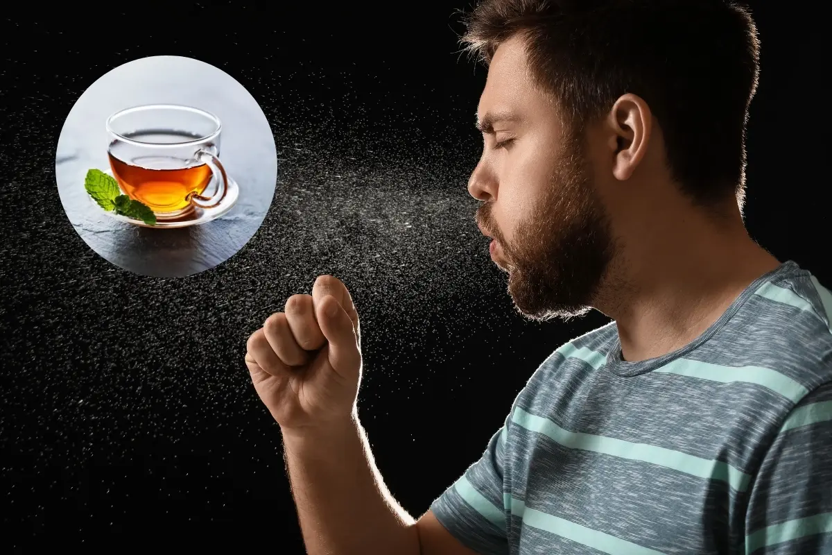 Un hombre tosiendo y una taza de té. Foto: Canva