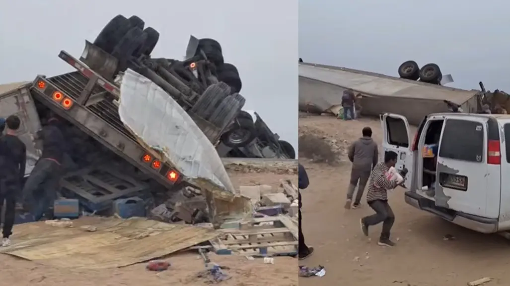(Video) Rapiña en Mulegé tras volcadura de camión de abarrotes