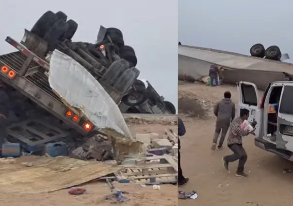 (Video) Rapiña en Mulegé tras volcadura de camión de abarrotes
