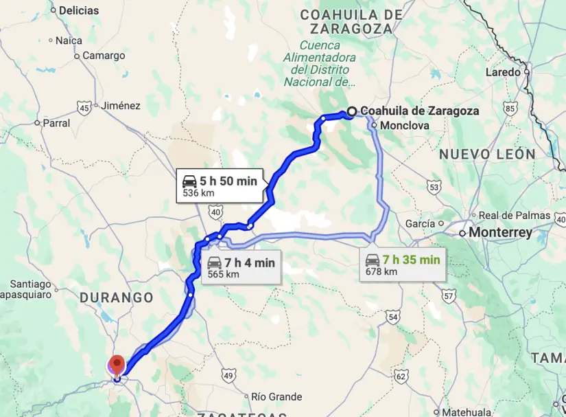 Mapa de ruta Coahuila - Durango / Foto: Google Maps