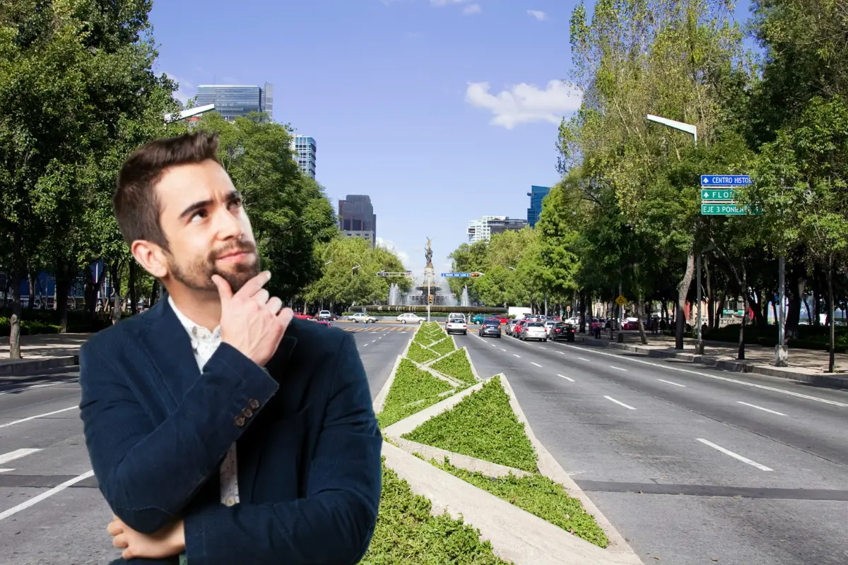 Paseo de la Reforma en CDMX y hombre pensando. Foto: Freepik y Canva