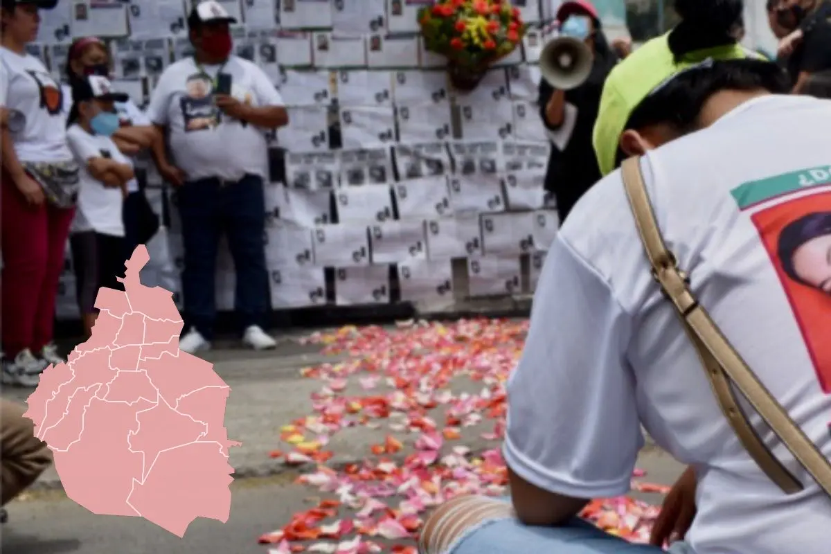 De fondo madres buscadoras de desaparecidos, ilustración de mapa de CDMX. Foto: A dónde van los desaparecidos | Canva