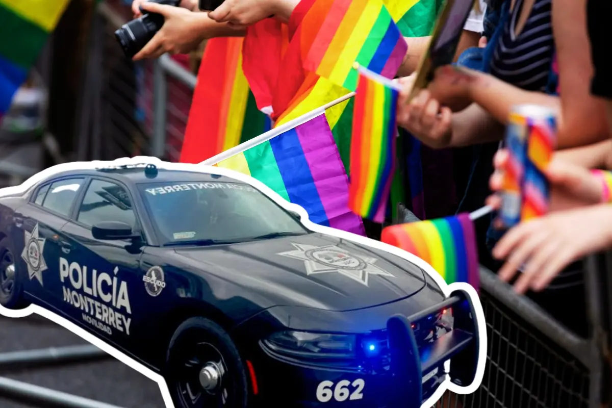 Una patrulla del municipio de Monterrey y banderas de la comunidad LGBT. Foto: Composición Canva