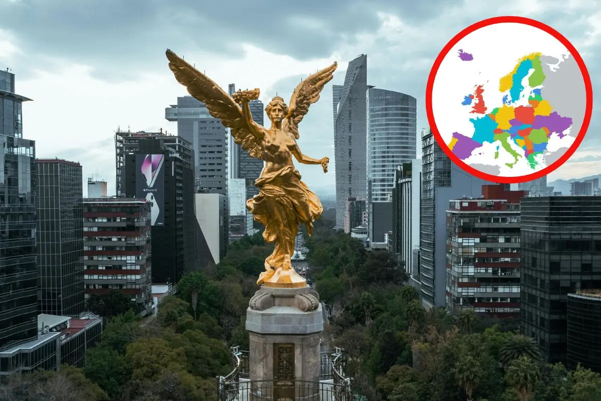 Vista aérea del Ángel de la Independencia, mapa de Europa. Foto: Freepik | Canva