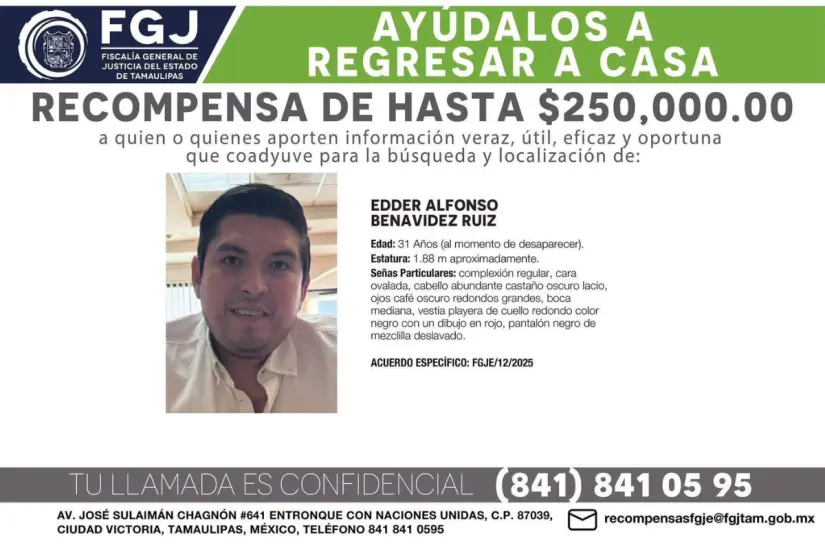 Recompensa ofrecida por la Fiscalía estatal a quien proporcione información sobre el paradero de Edder Alfonso Benavides Ruiz. Foto: FGJT