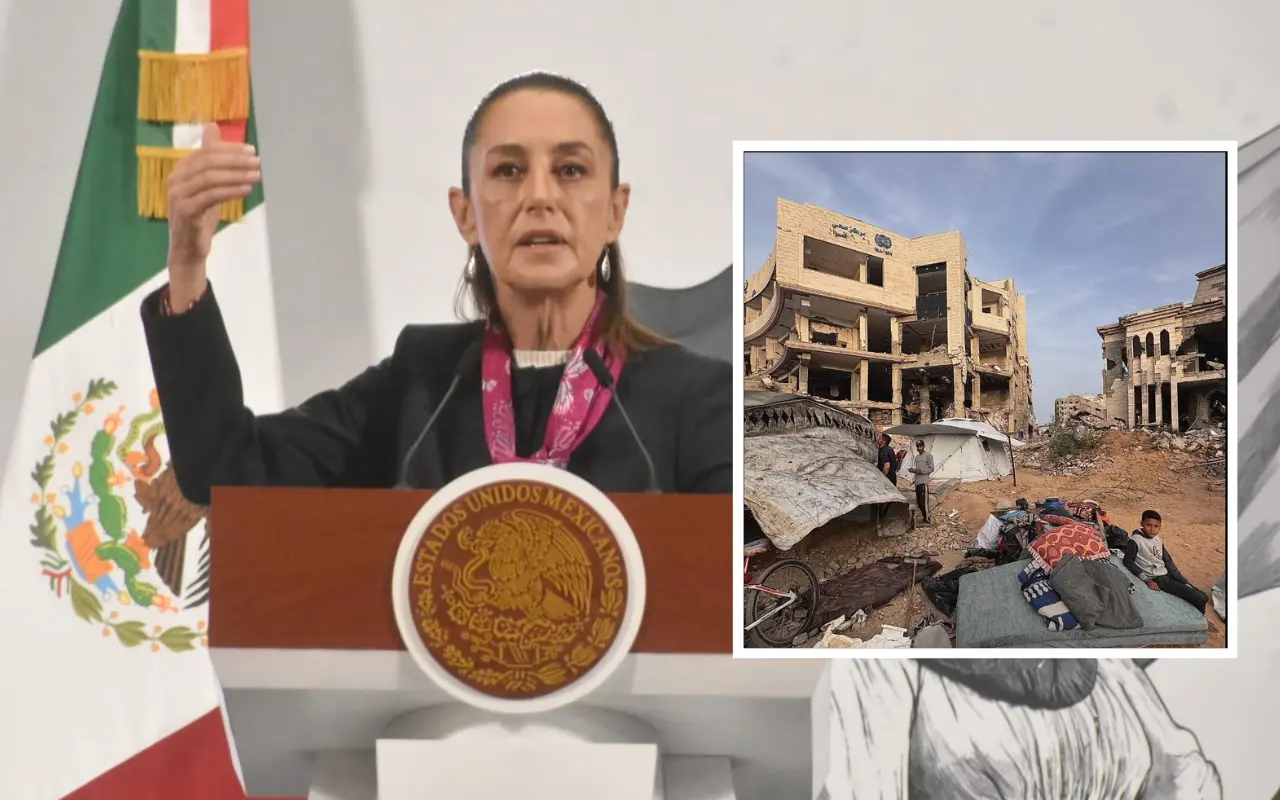 Claudia Sheinbaum y destrucción en Franja de Gaza. Foto: Enrique Pérez Huerta / X (@UNRWA)