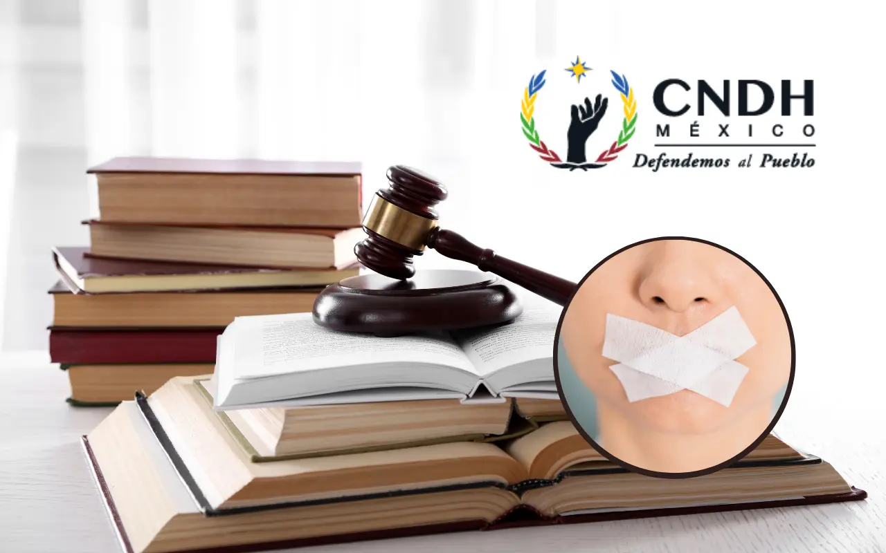 Libros, mazo de juez, boca tapada con vendajes y logo de la CNDH. Foto: CNDH / Canva