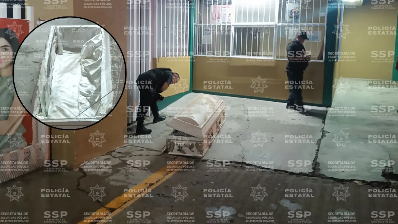 Una caja fúnebre vacía en la entrada principal de un Bachillerato de Durango causó alarma. Foto: SSP Durango.
