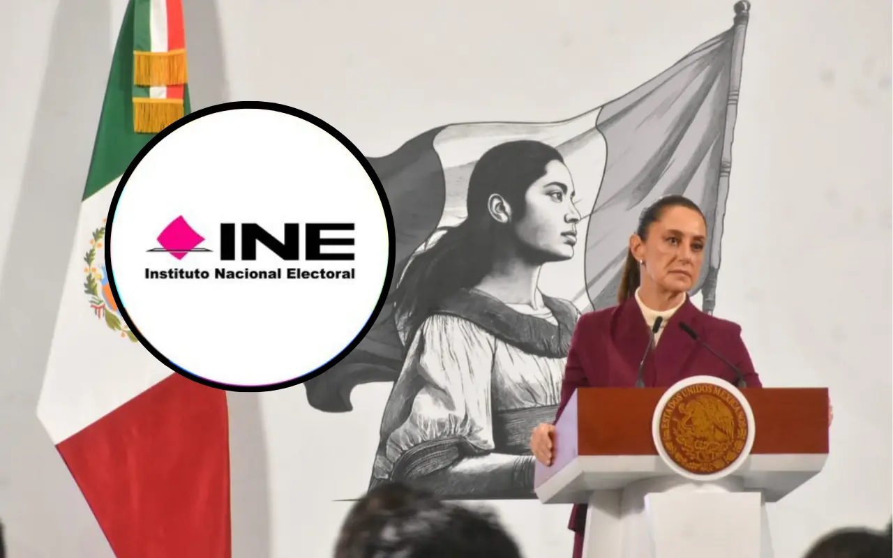 Claudia Sheinbaum y logo del INE. Foto: Enrique Pérez Huerta / INE