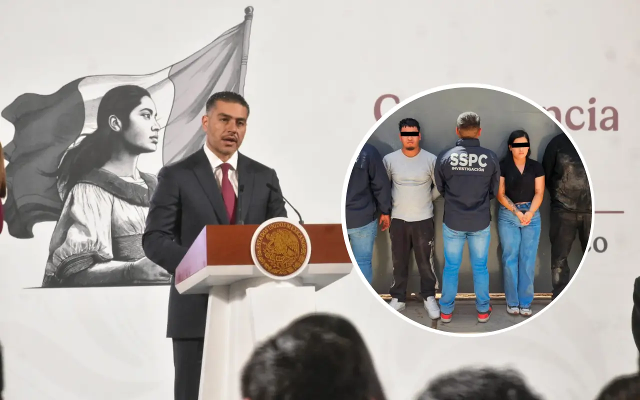 Omar García Harfuch y detenidos por tráfico de fentanilo en Ciudad Juárez, Chihuahua. Foto: Enrique Pérez Huerta / X (@OHarfuch)