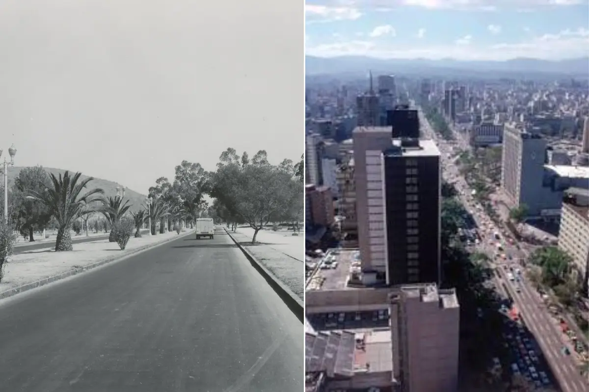 Avenida Insurgentes antes y después. Foto: @salmazan71 y @cdmexeneltiempo | Canva