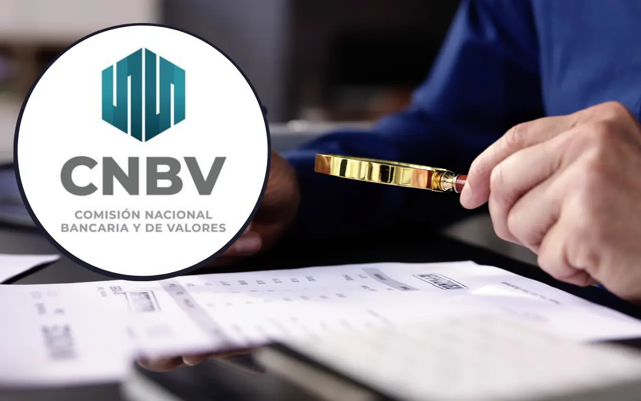 Logo de la Comisión Nacional Bancaria y de Valores y persona investigando. Foto: Canva / Comisión Nacional Bancaria y de Valores