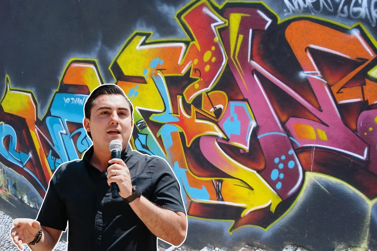 Una pared con grafiti y el alcalde de García, Manuel Guerra Cavazos. Foto: Canva