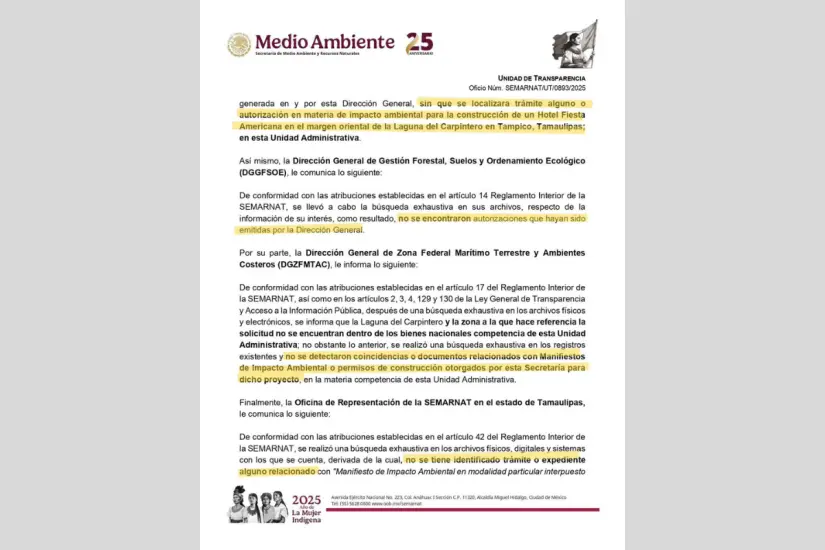 Oficio de la SEMARNAT donde comunica acerca de la información solicitada | Foto: SEMARNAT