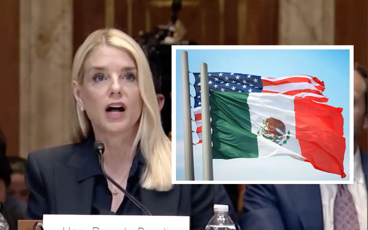 Pam Bondi y banderas de EEUU y México. Foto: Canva / Captura de pantalla: YouTube (Forbes Breaking News)