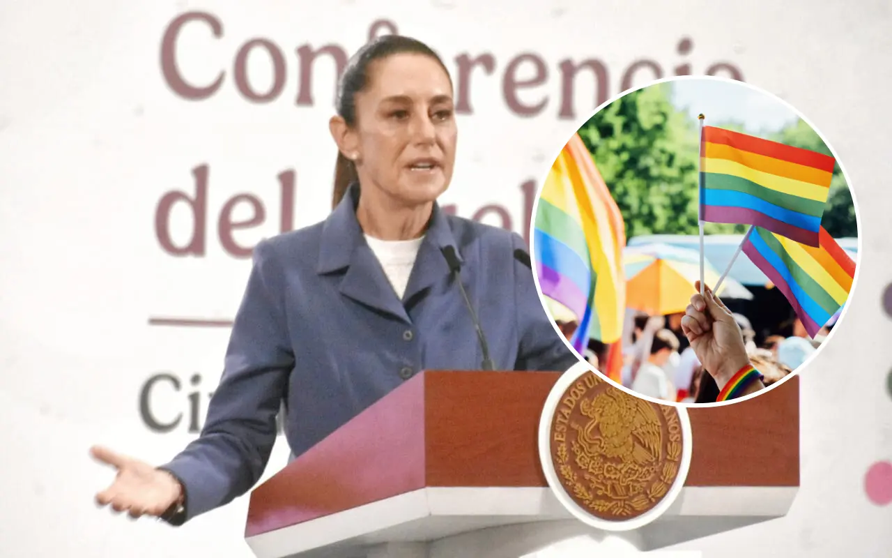 Claudia Sheinbaum y banderas del orgullo LGBTTTQI+. Foto: Enrique Pérez Huerta / Canva
