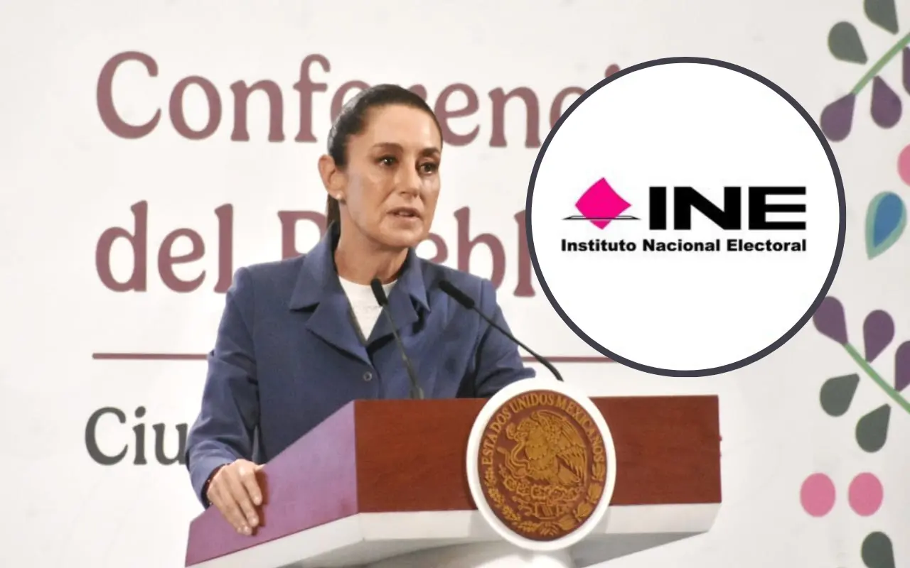 Claudia Sheinbaum y logo del INE. Foto: Enrique Pérez Huerta / INE