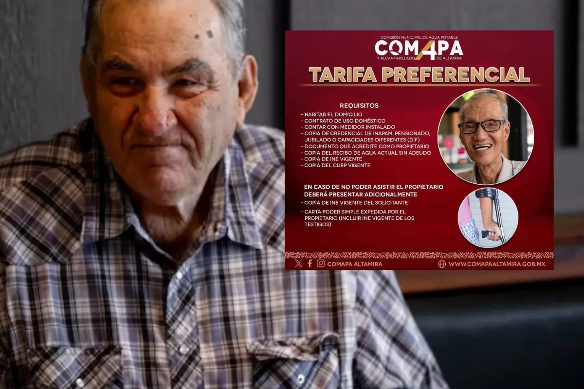 Si resides en el municipio de Altamira, puedes acceder a una tarifa preferencial en COMAPA si eres adulto de la tercera edad, persona con discapacidad o pensionado