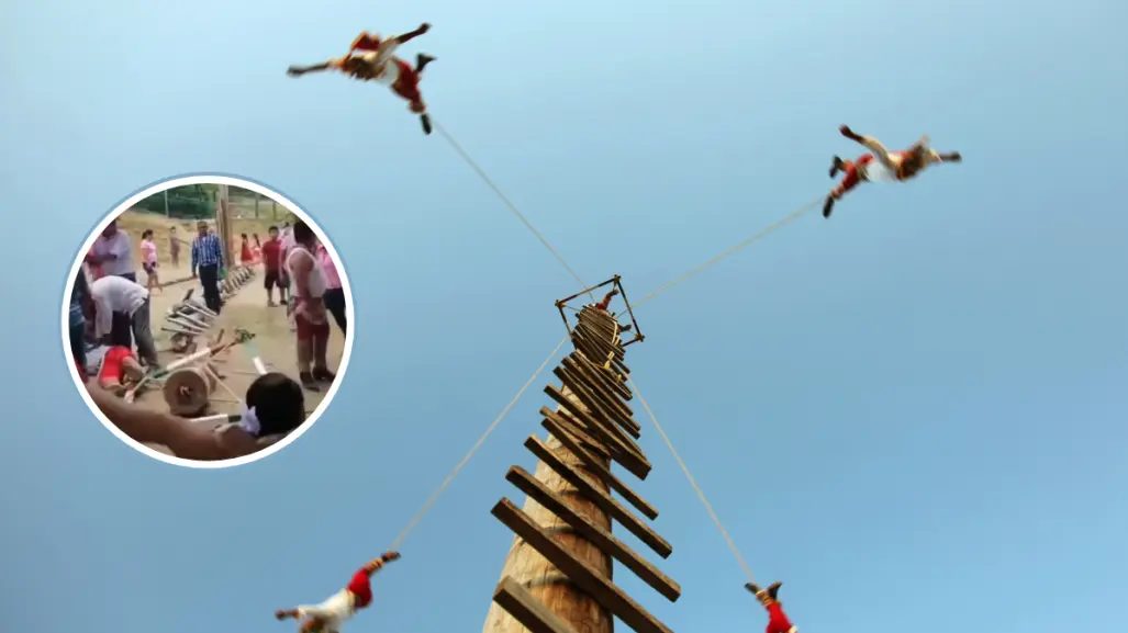 Caen del palo cinco danzantes de los Voladores de Papantla, en iglesia de Veracruz