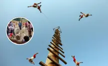 Caen del palo cinco danzantes de los Voladores de Papantla, en iglesia de Veracruz