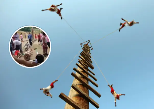 Caen del palo cinco danzantes de los Voladores de Papantla, en iglesia de Veracruz