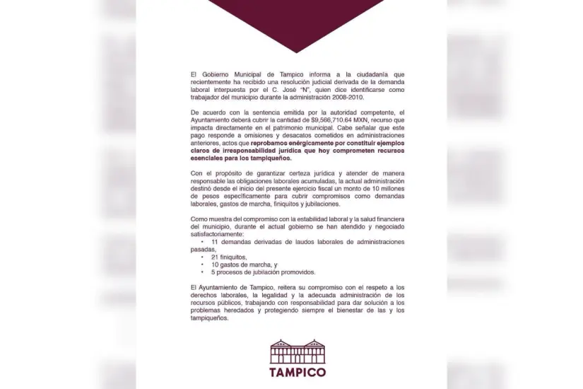 Comunicado publicado por el Gobierno de Tampico en relación a los hechos. Foto: Gobierno de Tampico