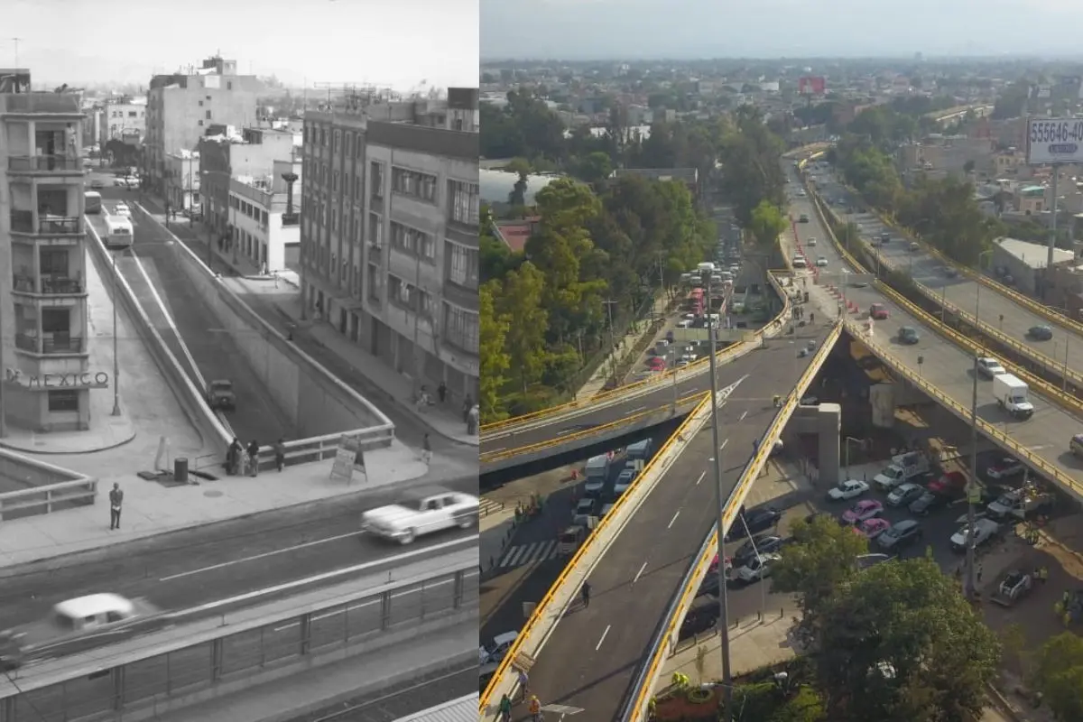 Vista aérea Calzada de Tlalpan, adecuación en puente vehicular en Circuito Interior y Eje 6 Sur. Foto: Museo Archivo de la Fotografía | Jefatura de Gobierno de la CDMX | Canva