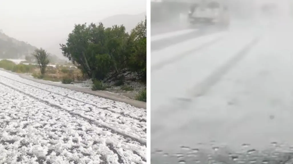 Carretera 57 de blanco tras granizada alertan por lluvias y vientos en Coahuila