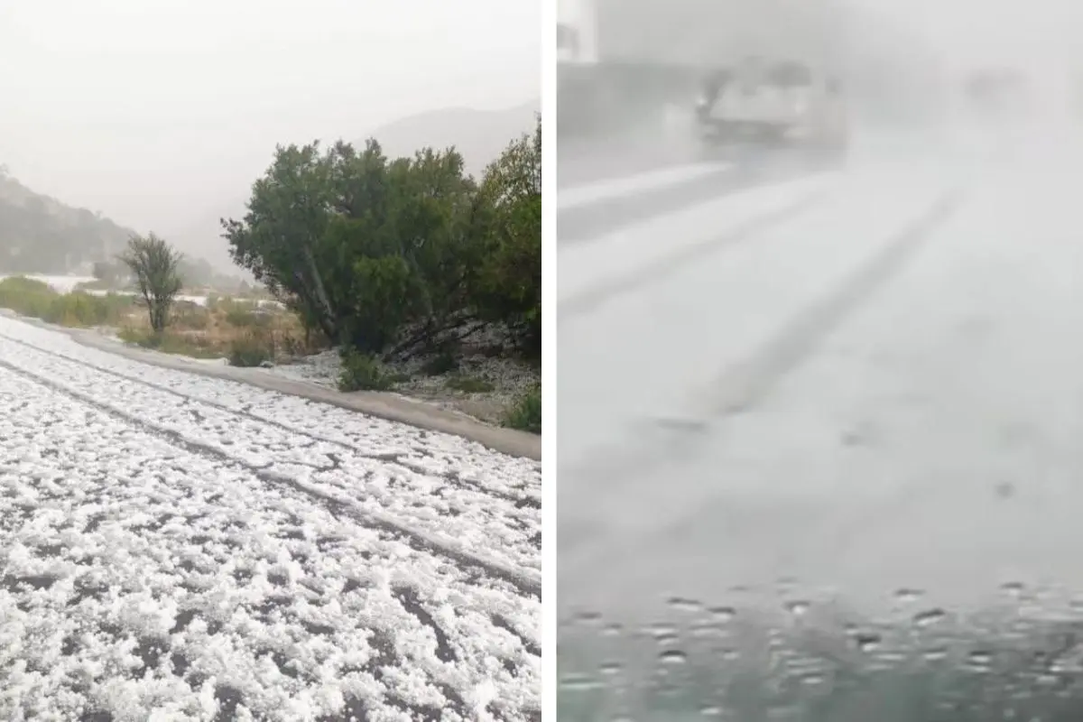Carretera 57 con lluvia y granizo. Fotos de Protección Civil NL.