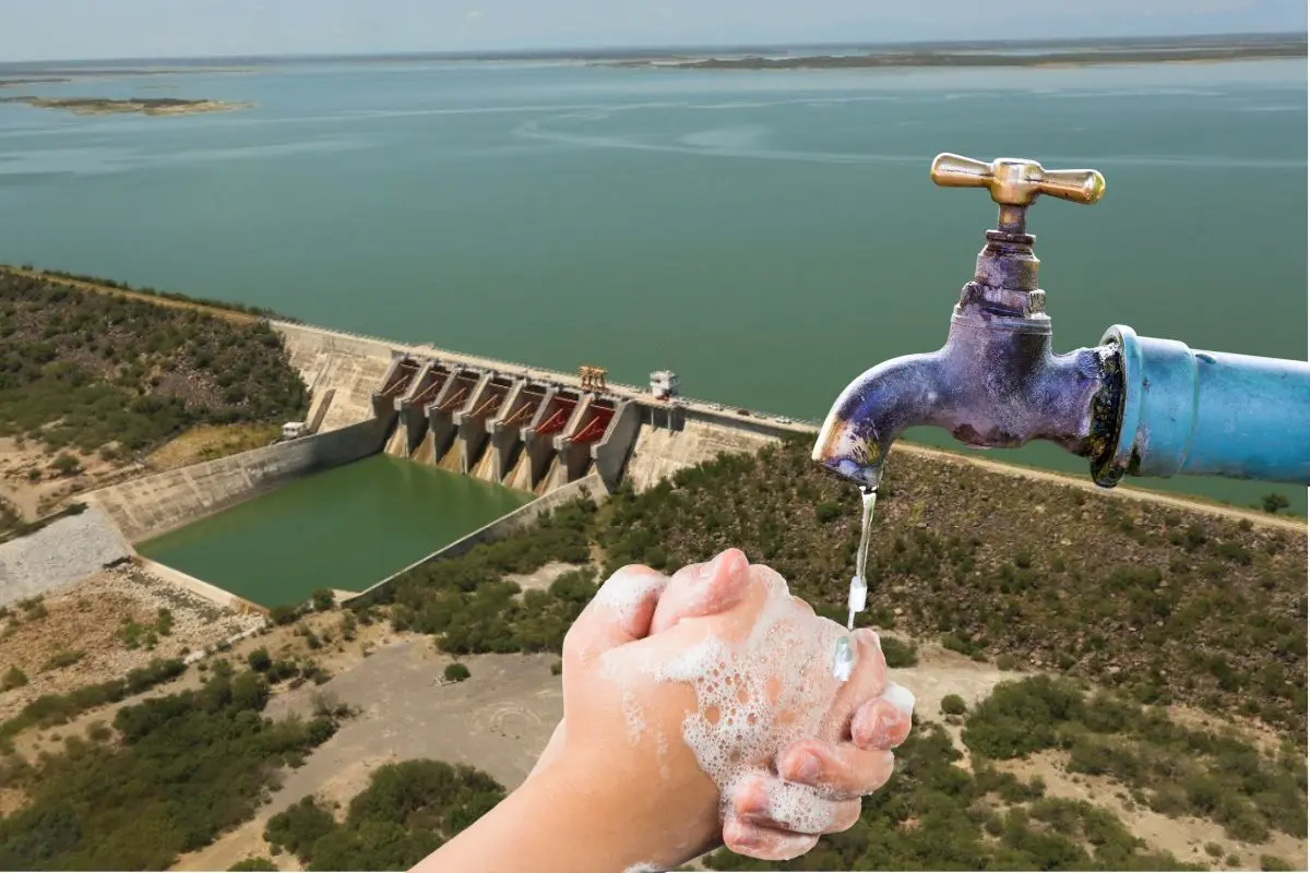 La presa El Cuchillo con una imagen alusiva a un lavado de manos Foto: Canva