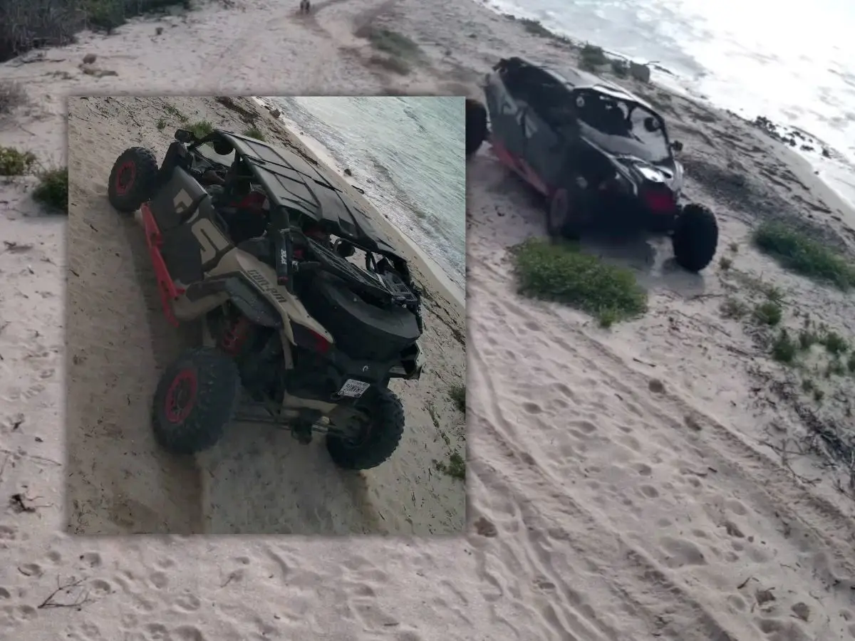 Cámaras de vigilancia captaron el momento en el que un conductor temerario maneja su vehículo en playas de Chuburná Puerto y arrastra a una persona quien intentó pararlo ante el peligro que representaba para otras personas.- Fuente Calipso Colette