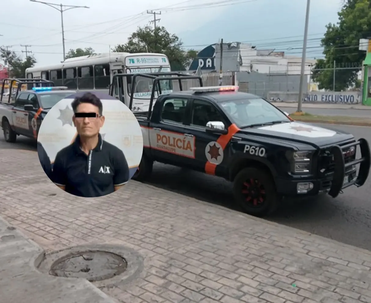 Durante la inspección, los elementos de la Policía de Guadalupe le encontraron una bolsa tipo mariconera donde escondía cuatro dosis de una sustancia similar al cristal. Foto: Secretaría de Seguridad de Guadalupe.