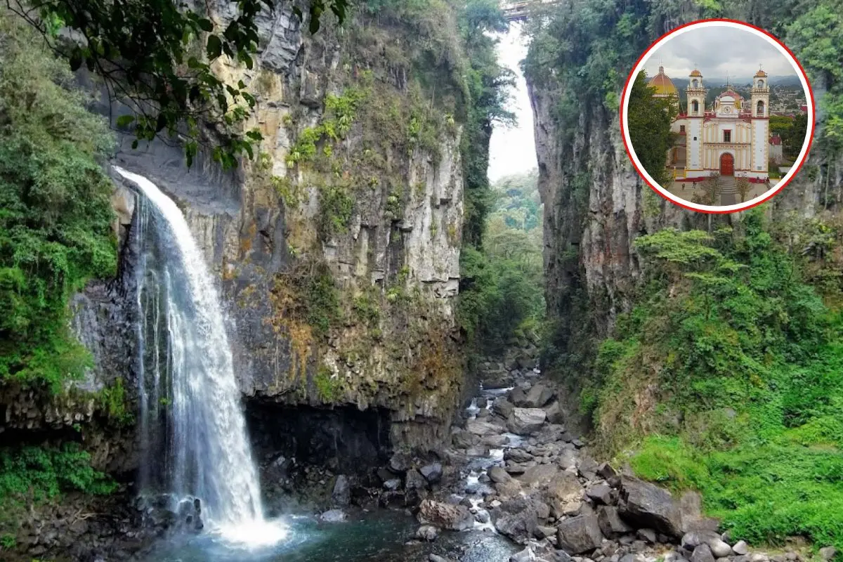 Cascada de Texolo, Parroquia de Santa María Magdalena en Xico Veracruz.    Foto: Gobierno de México | Google Maps | Canva