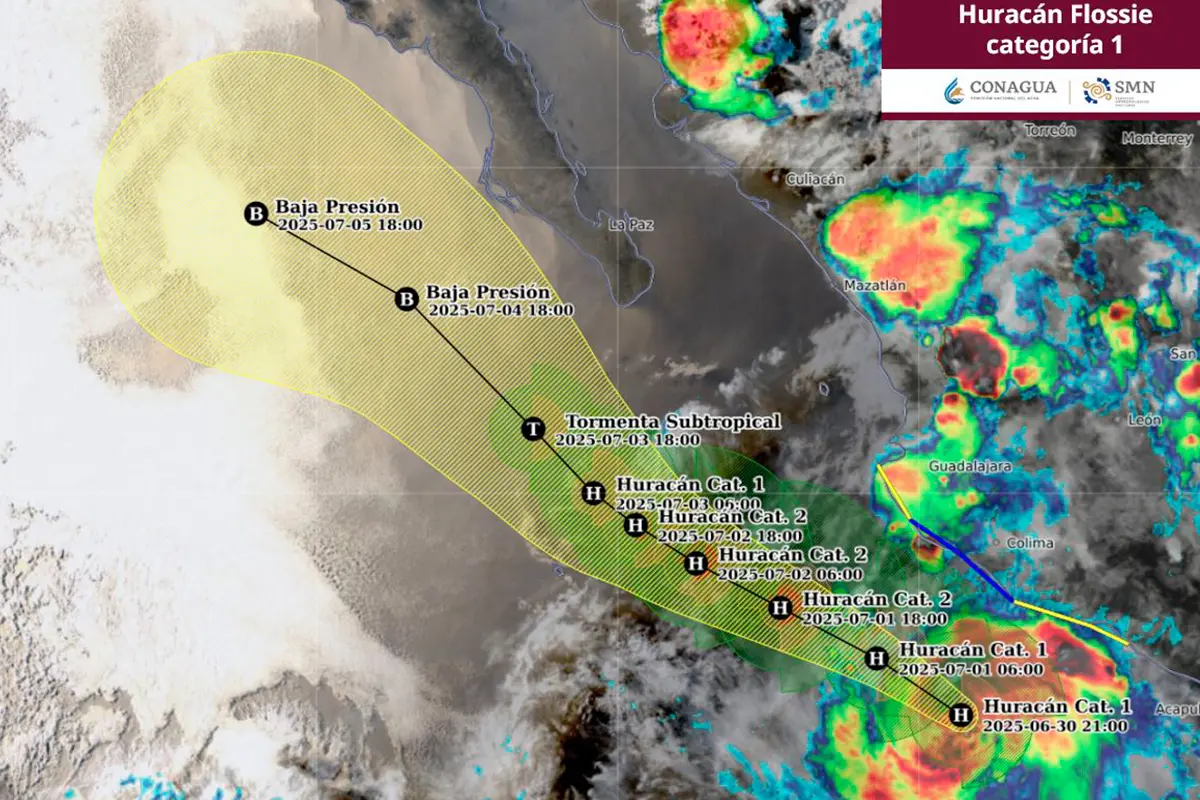 A pesar de que Flossie podría llegar a ser huracán categoría 2, hay la posibilidad de que no deje ni una gota en suelo sudcaliforniano. Imagen: Conagua.