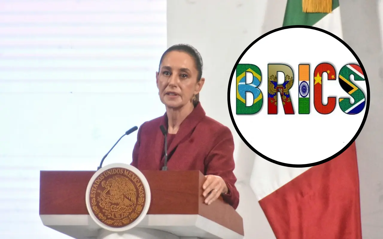 Claudia Sheinbaum y logo de BRICS. Foto: Enrique Pérez Huerta / X (@BRICSinfo)