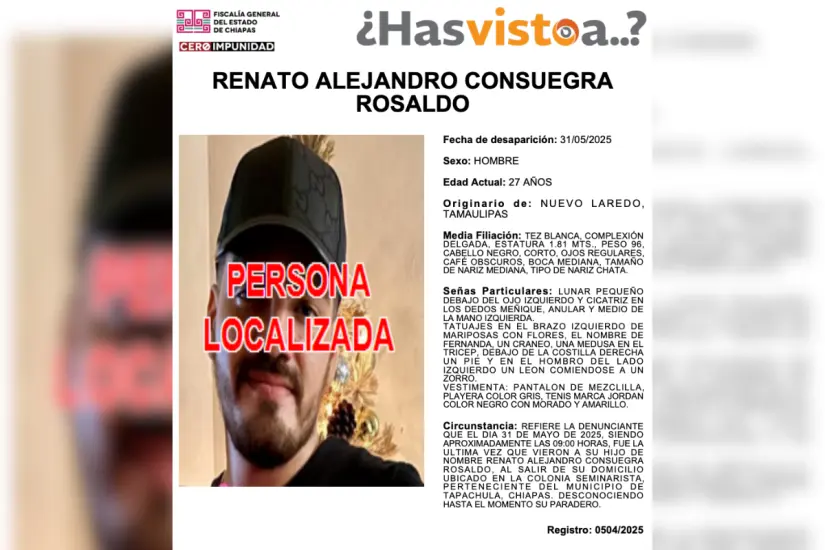 Ficha de búsqueda de Renato Alejandro Consuegra Rosaldo, residente de Tapachula, Chiapas; originario de Nuevo Laredo, Tamaulipas. Foto: FGE Chiapas