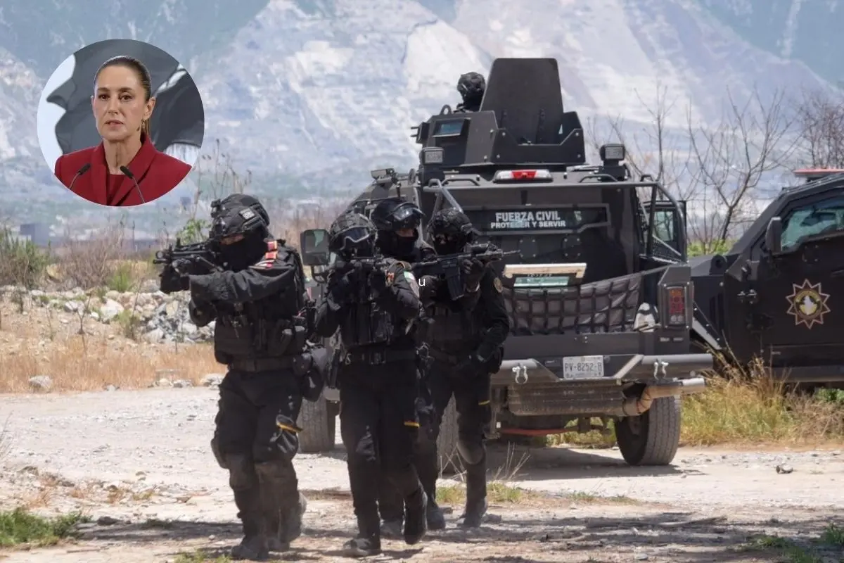 La nueva Fuerza Civil ha sido clave en el reforzamiento de seguridad en Nuevo León para reducir los índices de homicidios. Foto: Facebook Fuerza Civil / YouTube Claudia Sheinbaum Pardo / Canva