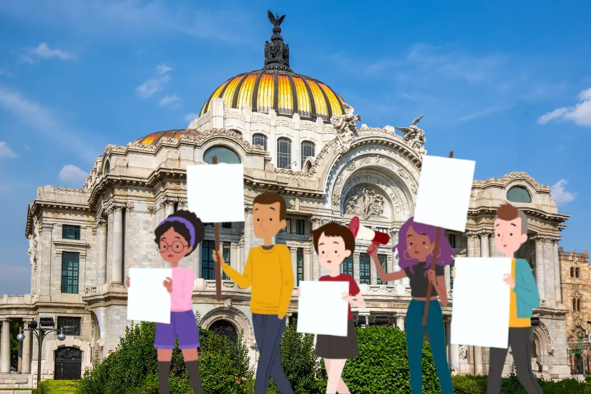 Marcha animada en CDMX y Palacio de Bellas Artes. Foto: Freepik y Canva