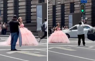 Quinceañera aprovecha manifestación en Eje Central de CDMX para sesión de fotos